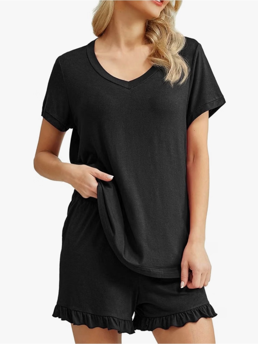 Prinstory Pyjamas Black PJ Set Short Sleeve Tee Shorts Drawstring Pockets Vneck